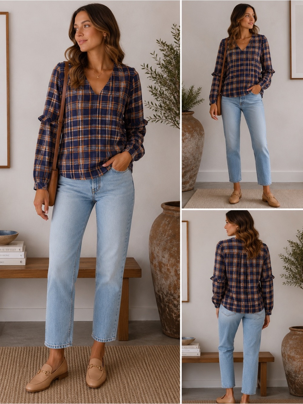 NWT Madewell Plaid Ruffle Sleeve V Neck Blouse Top M